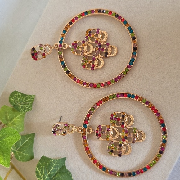 Large Statement Gold Multi Color Hoop Earrings With Skulls - Picture 1 of 8